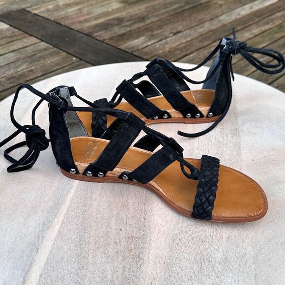 Franco Sarto Womens Sandals Black Lace Up Leather Flats Size 7.5 M Strappy - Picture 1 of 7